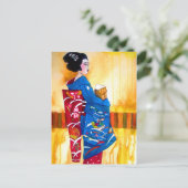 Japanischer Geisha mit blauem Kimono Postkarte (Stehend Vorderseite)
