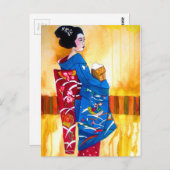 Japanischer Geisha mit blauem Kimono Postkarte (Vorne/Hinten)