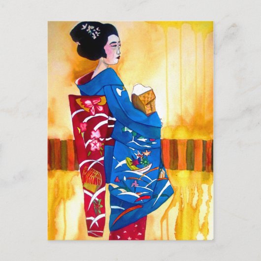 Japanischer Geisha mit blauem Kimono Postkarte (Vorderseite)