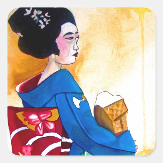 Japanischer Geisha mit blauem Kimono Quadratischer Aufkleber (Vorderseite)