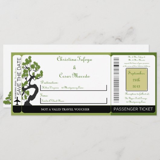 Japanischer Grüner Boarding-Pass Hochzeit Einladun Einladung (Vorne/Hinten)