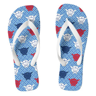Japanischer Hasendruck, blau mit rot und weiß Badesandalen