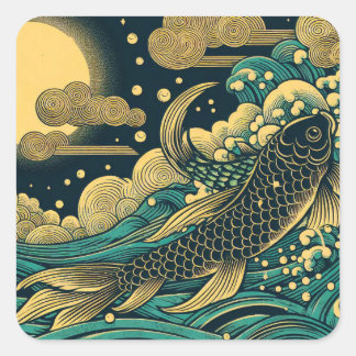 Japanischer Holzblock Golden Koi Fisch springt übe Quadratischer Aufkleber