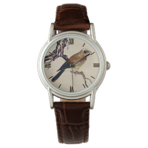 Japanischer Holzschnitt aus Finch, Braun und Beige Armbanduhr