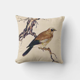 Japanischer Holzschnitt aus Finch, Braun und Beige Kissen