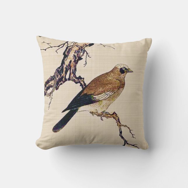 Japanischer Holzschnitt aus Finch, Braun und Beige Kissen (Vorderseite)