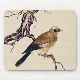 Japanischer Holzschnitt aus Finch, Braun und Beige Mousepad