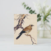 Japanischer Holzschnitt aus Finch, Braun und Beige Postkarte (Stehend Vorderseite)