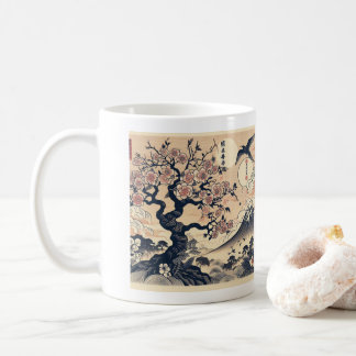 Japanischer Holzschnitt Kirschblüten Kranich Berg Kaffeetasse