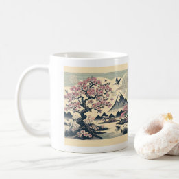 Japanischer Holzschnitt Kirschblüten Kranich Berg Kaffeetasse