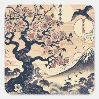 Japanischer Holzschnitt Kirschblüten Kranich Berg Quadratischer Aufkleber
