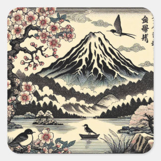 Japanischer Holzschnitt Kirschblüten Sonne Mount F Quadratischer Aufkleber