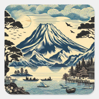 Japanischer Holzschnitt: Mount Fuji, Seeböte, Kief Quadratischer Aufkleber