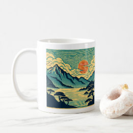 Japanischer Holzschnitt Teal Berge Orange Sonnenun Kaffeetasse