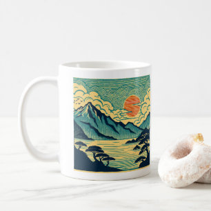 Japanischer Holzschnitt Teal Berge Orange Sonnenun Kaffeetasse
