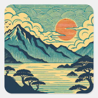 Japanischer Holzschnitt Teal Berge Orange Sonnenun Quadratischer Aufkleber