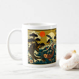 Japanischer Holzschnitt Zwei Koi-Fische Kiefernbau Kaffeetasse