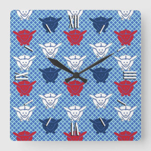 Japanischer Kaninchenprint, blau mit rot und weiß Quadratische Wanduhr