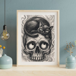 Japanischer Katzen-Schädel-Kunstprint, gothischer  Poster