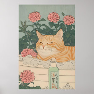 Japanischer Katzenaufdruck Oranger Tabby im Badezi Poster