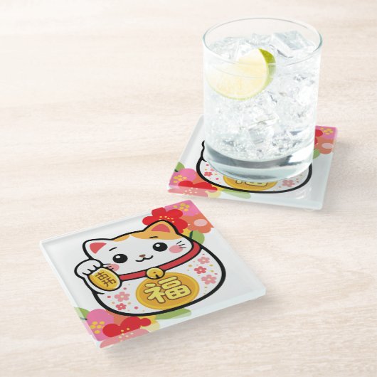 Japanischer Kawaii Maneki Glasuntersetzer (Schrägansicht)