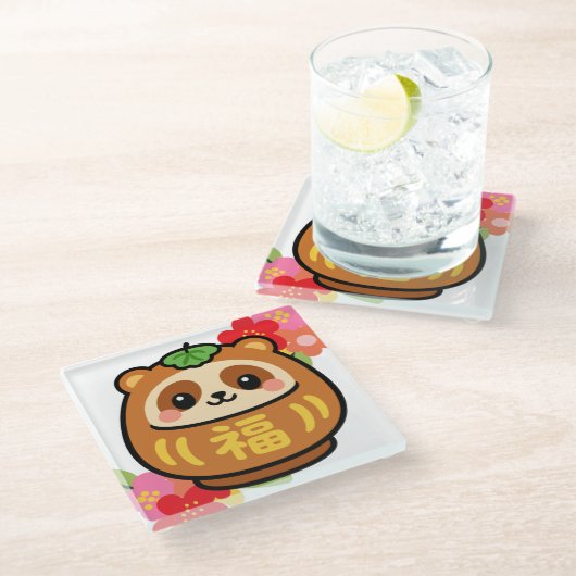 Japanischer Kawaii Tanuki Glasuntersetzer (Schrägansicht)