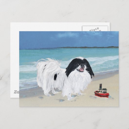 Japanischer Kinn am Strand Postkarte (Vorne/Hinten)