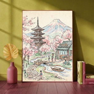 Japanischer Kirschblütenberg Fuji Wasserfarbenland Poster