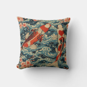 Japanischer Koi-Fisch & Kirschblüte – Ukiyo-e-Well Kissen