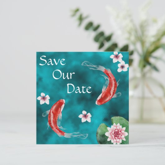Japanischer Koi Fisch, Kirschblüten Hochzeit Geret Save The Date (Stehend Vorderseite)