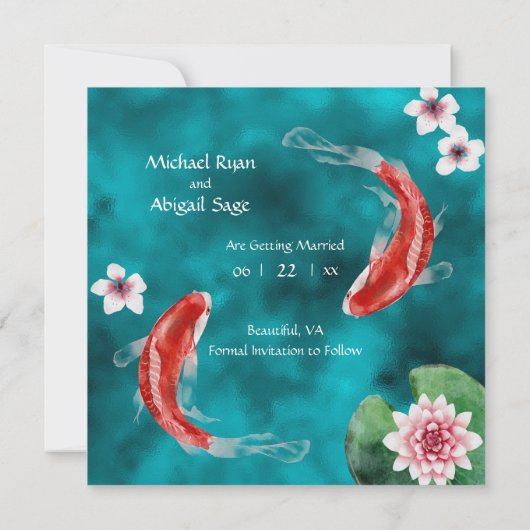 Japanischer Koi Fisch, Kirschblüten Hochzeit Geret Save The Date (Rückseite)