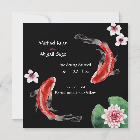 Japanischer Koi Fisch, Kirschblüten Hochzeit Save The Date (Rückseite)