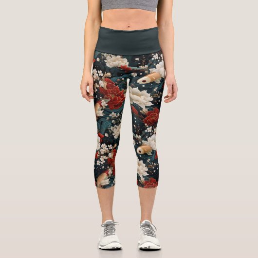Japanischer Koi Fisch Nahtloses Muster Capri Leggings (Vorderseite)