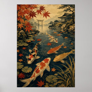 Japanischer Koi-Fisch-Wellen-Poster Vintage-Rote Poster