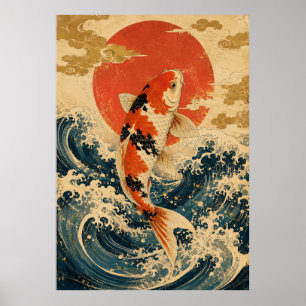 Japanischer Koi-Fisch-Wellen-Poster Vintage-Rote Poster