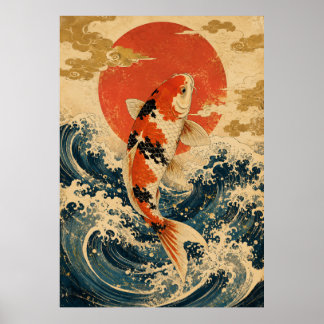 Japanischer Koi-Fisch-Wellen-Poster | Vintage-Rote Poster