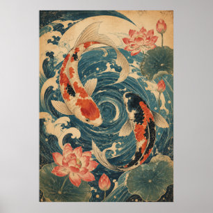 Japanischer Koi-Fisch-Wellen-Poster Vintage-Rote Poster