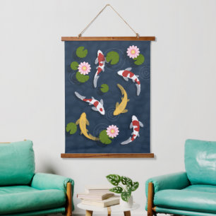 Japanischer Koi Fish Pond Wandteppich Mit Holzrahmen