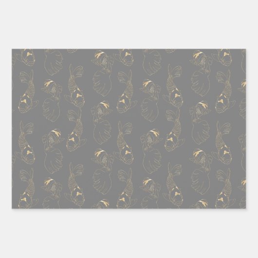 Japanischer Koi in Grau und Gold Geschenkpapier Set (Vorderseite)