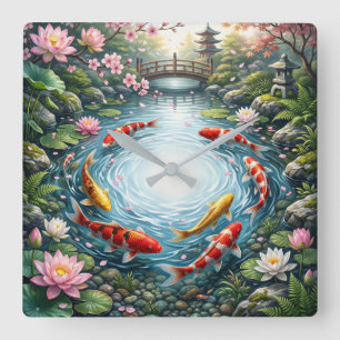 Japanischer Koi-Teich Quadratuhr Zen-Garten Quadratische Wanduhr