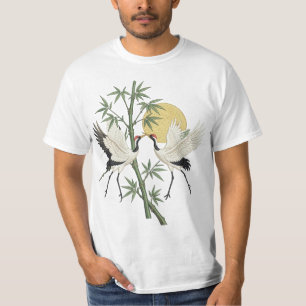 Japanischer Kranich Stickerei Bambus Sonnenaufgang T-Shirt