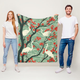 Japanischer Kranich und Kirschblüte - Orientalisch Fleecedecke