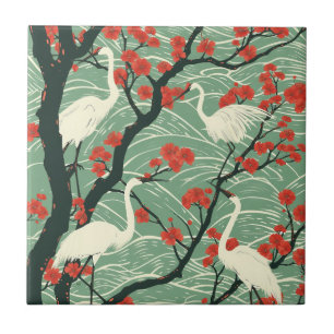 Japanischer Kranich und Kirschblüte - Orientalisch Fliese
