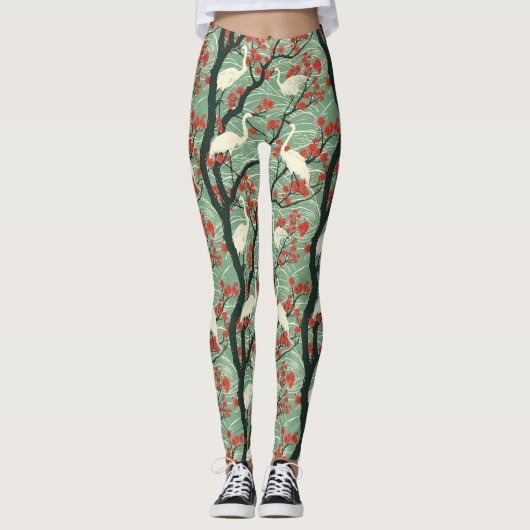 Japanischer Kranich und Kirschblüte - Orientalisch Leggings (Vorderseite)