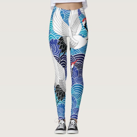 Japanischer Kranich: Verziertes Vogelmuster. Leggings (Vorderseite)