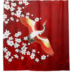 Japanischer Kranich Weiße Kirschblüte Rot Duschvorhang