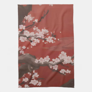 Japanischer Kunststil Weiße Kirschblüte Rot Geschirrtuch
