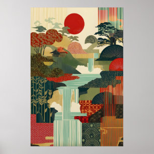 Japanischer Landschaftskunst-Druck Rote Sonne, Was Poster
