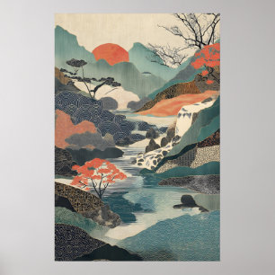 Japanischer Landschaftskunst-Druck Wasserfall, Rot Poster