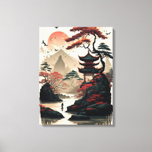 Japanischer Landschaftskunst-Druck – Zen-Tempel Leinwanddruck